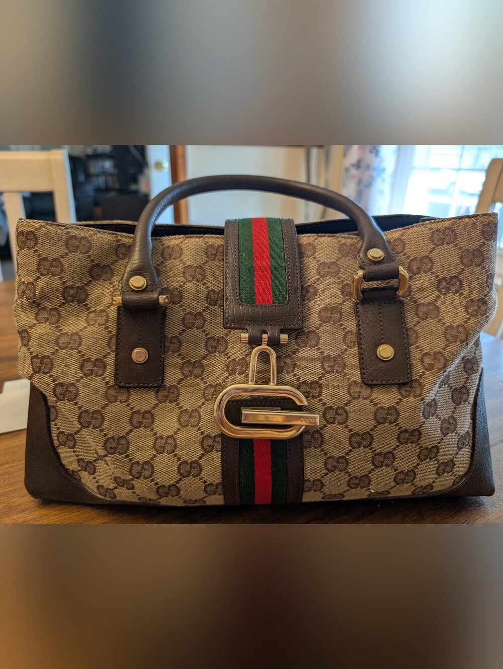 Gucci Brown GG Canvas Top-Handle Bag with Green-Red Web Stripe